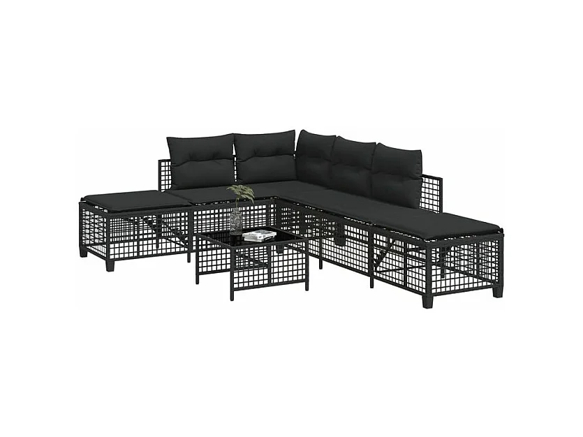 Salon de jardin d'angle 3 pcs avec coussins noir résine tressée