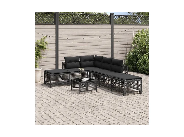Salon de jardin d'angle 3 pcs avec coussins noir résine tressée