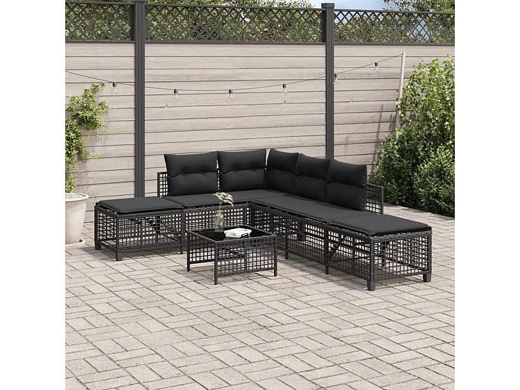 Salon de jardin d'angle 3 pcs avec coussins noir résine tressée