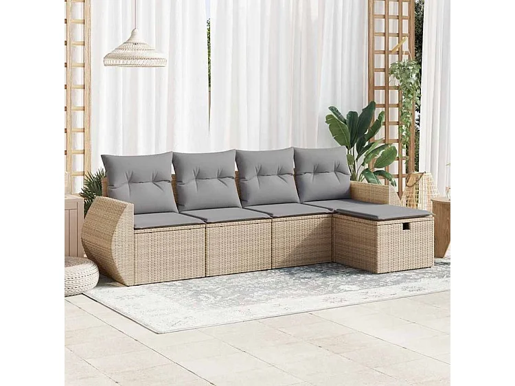 Salon de jardin avec coussins 5 pcs beige résine tressée