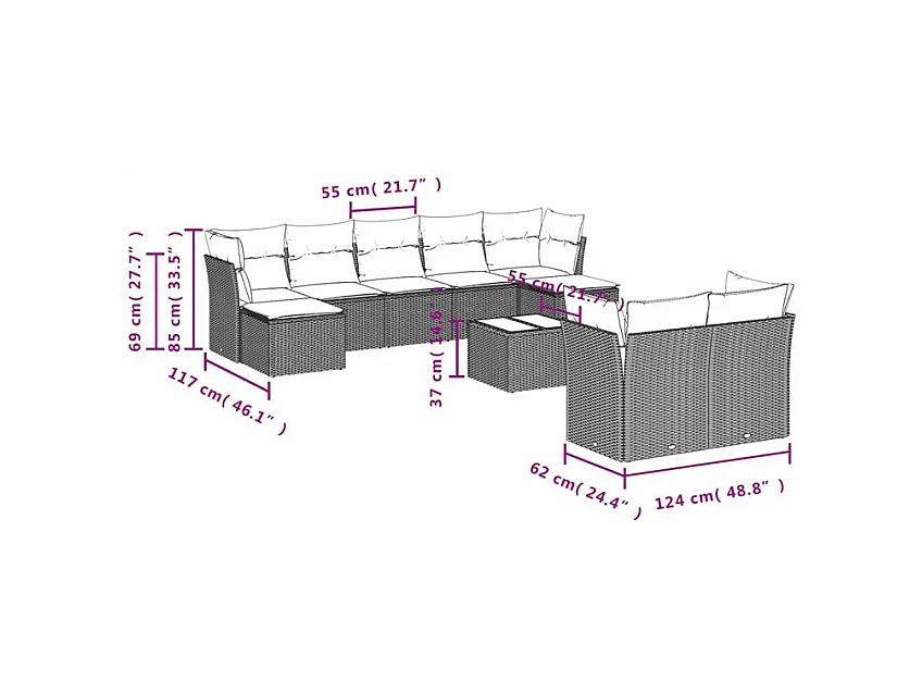 Salon de jardin 10 pcs avec coussins marron résine tressée