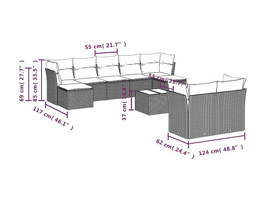 Salon de jardin 10 pcs avec coussins marron résine tressée