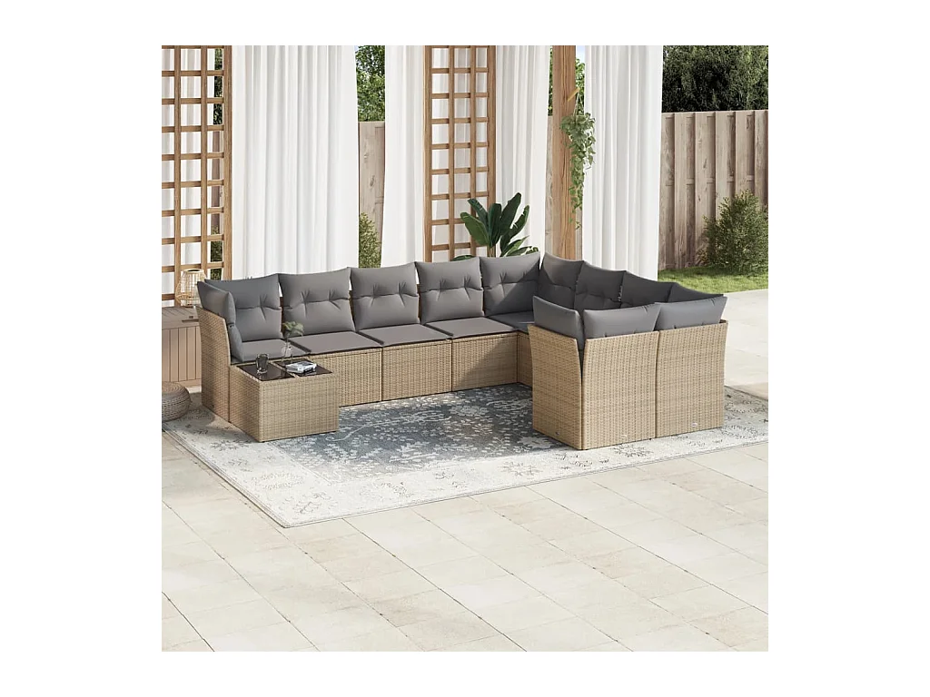 Salon de jardin avec coussins 10 pcs beige résine tressée