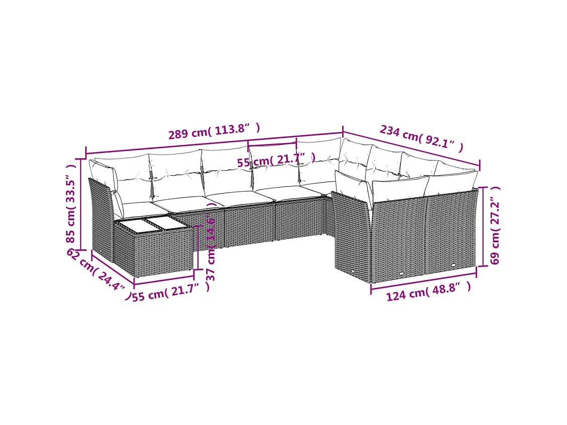 Salon de jardin avec coussins 10 pcs beige résine tressée