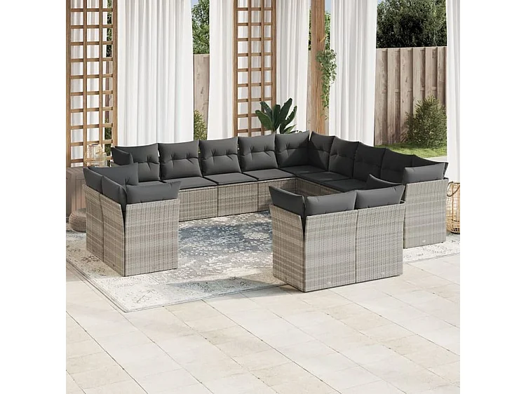Salon de jardin avec coussins 13 pcs gris clair résine tressée