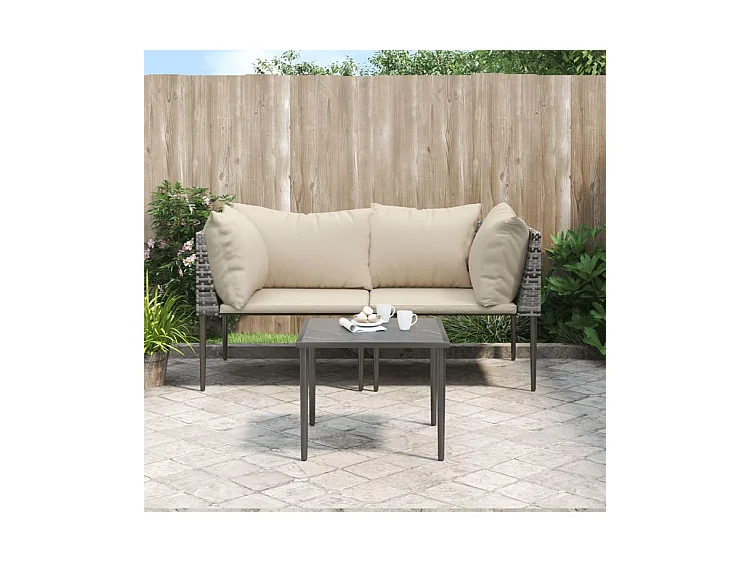 Salon de jardin 3 pcs avec coussins Gris Résine tressée