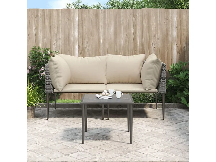 Salon de jardin 3 pcs avec coussins Gris Résine tressée