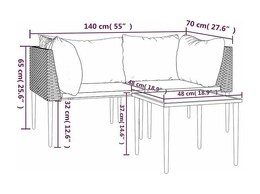 Salon de jardin 3 pcs avec coussins Gris Résine tressée