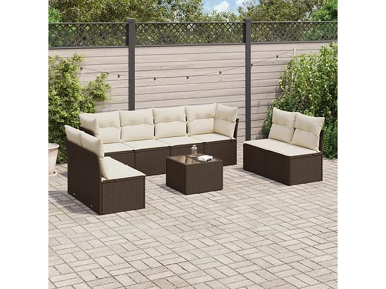 Salon de jardin avec coussins 9 pcs marron résine tressée
