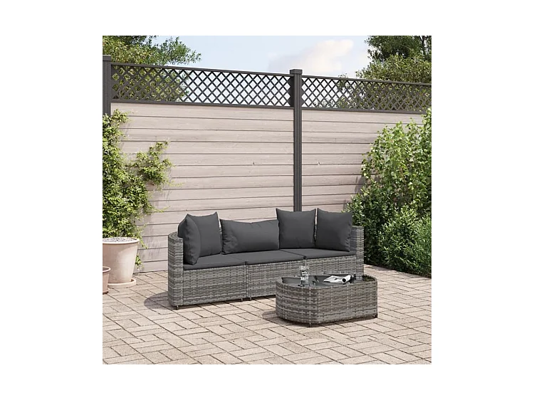 Salon de jardin 4 pcs avec coussins gris résine tressée