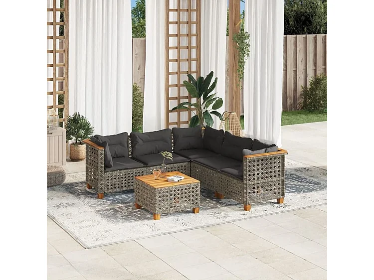 Salon de jardin 6 pcs avec coussins gris résine tressée