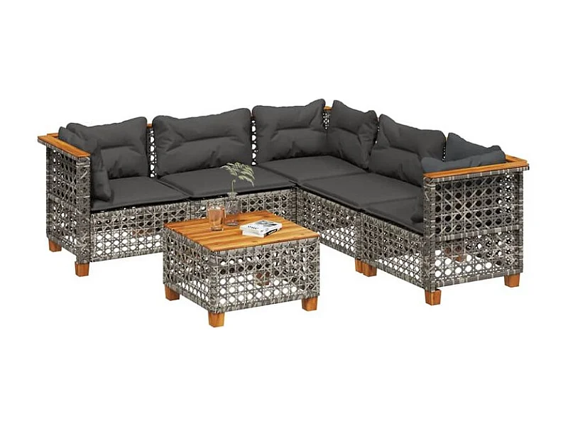 Salon de jardin 6 pcs avec coussins gris résine tressée