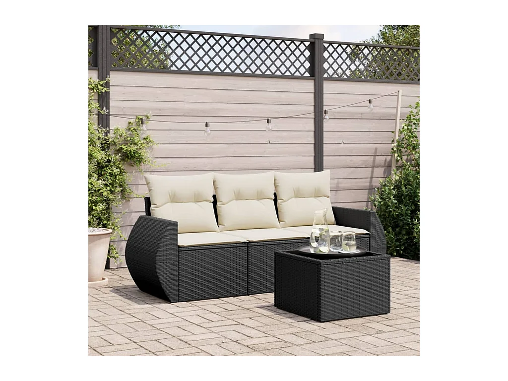 Salon de jardin 4 pcs avec coussins noir résine tressée