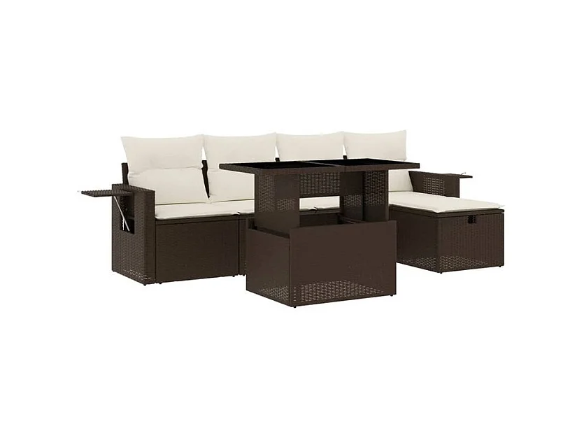 Salon de jardin avec coussins 6 pcs marron résine tressée