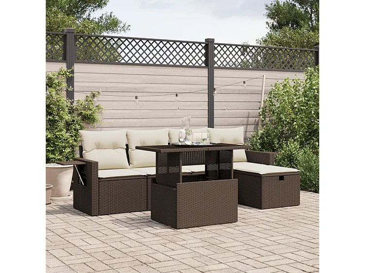 Salon de jardin avec coussins 6 pcs marron résine tressée