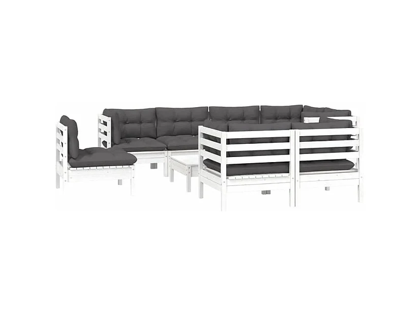 Salon de jardin 9 pcs avec coussins blanc bois de pin massif