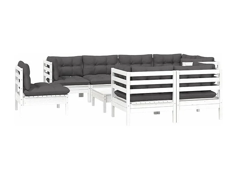 Salon de jardin 9 pcs avec coussins blanc bois de pin massif