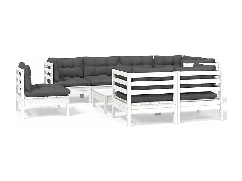 Salon de jardin 9 pcs avec coussins blanc bois de pin massif