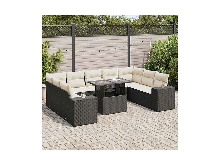 Salon de jardin 10 pcs avec coussins noir résine tressée