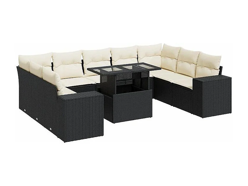 Salon de jardin 10 pcs avec coussins noir résine tressée