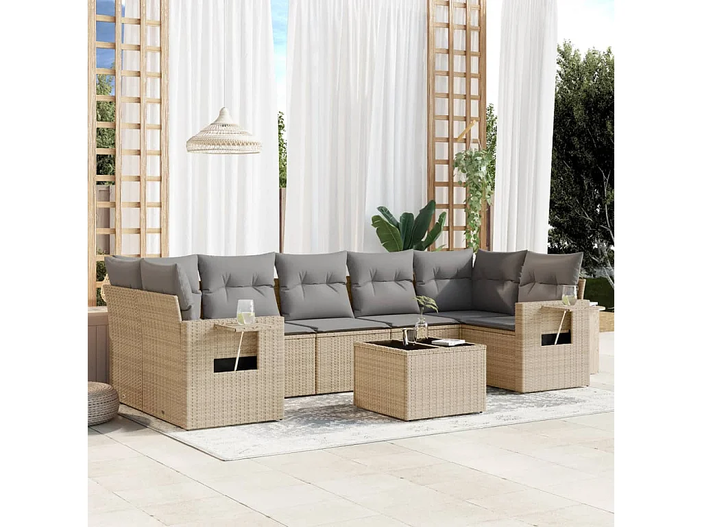 Salon de jardin avec coussins 8 pcs beige résine tressée