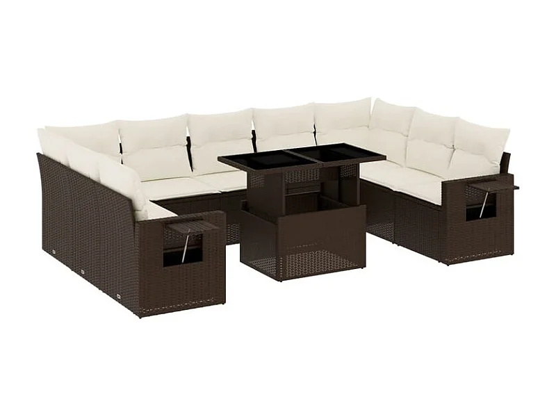 Salon de jardin 10 pcs avec coussins marron résine tressée