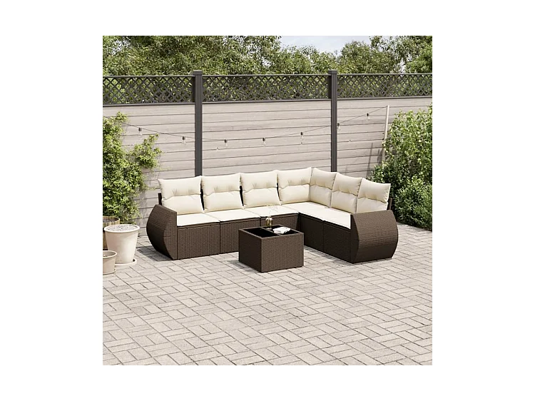 Salon de jardin avec coussins 7 pcs marron résine tressée