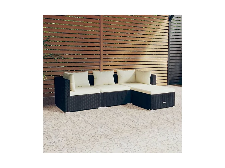 Salon de jardin 4 pcs avec coussins Résine tressée Noir