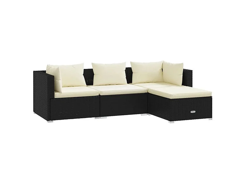 Salon de jardin 4 pcs avec coussins Résine tressée Noir
