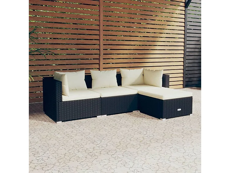 Salon de jardin 4 pcs avec coussins Résine tressée Noir