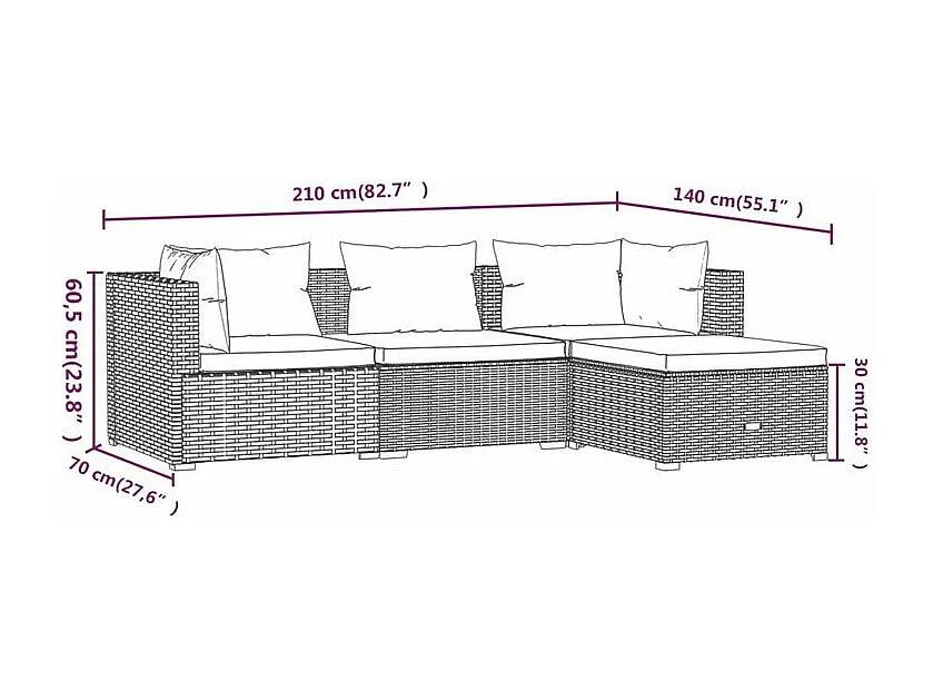 Salon de jardin 4 pcs avec coussins Résine tressée Noir