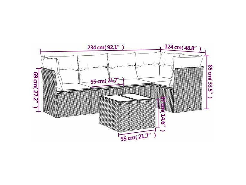 Salon de jardin avec coussins 6 pcs marron résine tressée