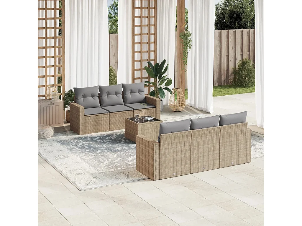 Salon de jardin avec coussins 7 pcs beige résine tressée