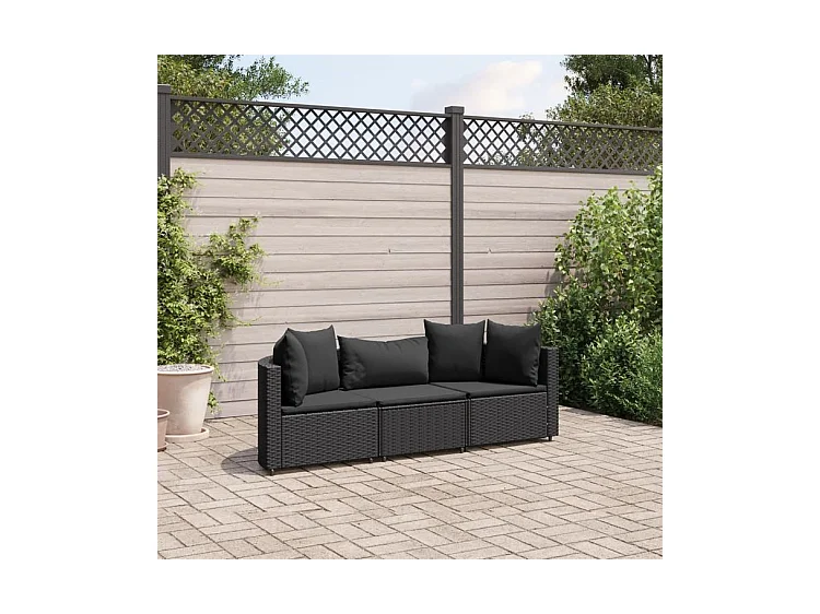 Salon de jardin 3 pcs avec coussins noir résine tressée