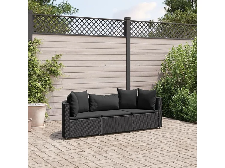 Salon de jardin 3 pcs avec coussins noir résine tressée