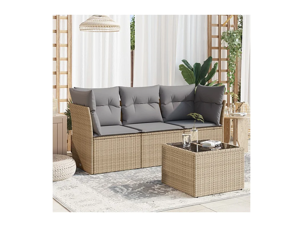 Salon de jardin avec coussins 4 pcs beige résine tressée