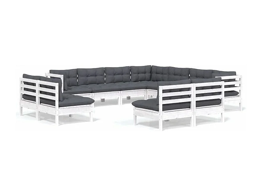 Salon de jardin 11 pcs avec coussins blanc bois de pin solide