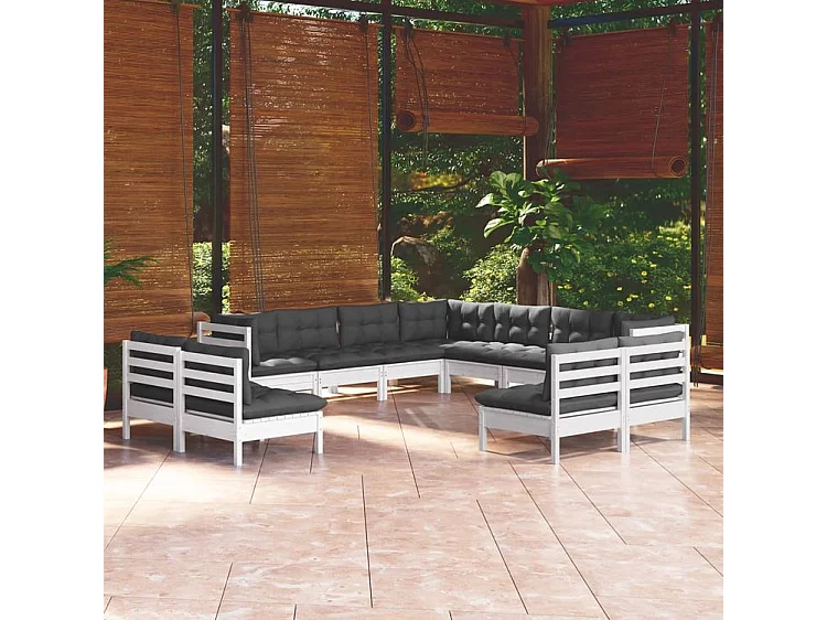 Salon de jardin 11 pcs avec coussins blanc bois de pin solide