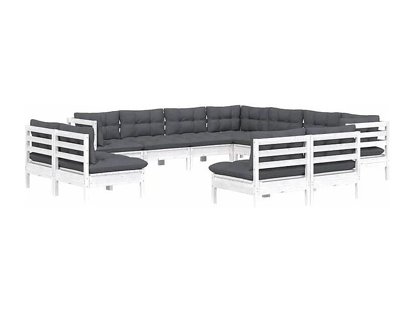 Salon de jardin 11 pcs avec coussins blanc bois de pin solide