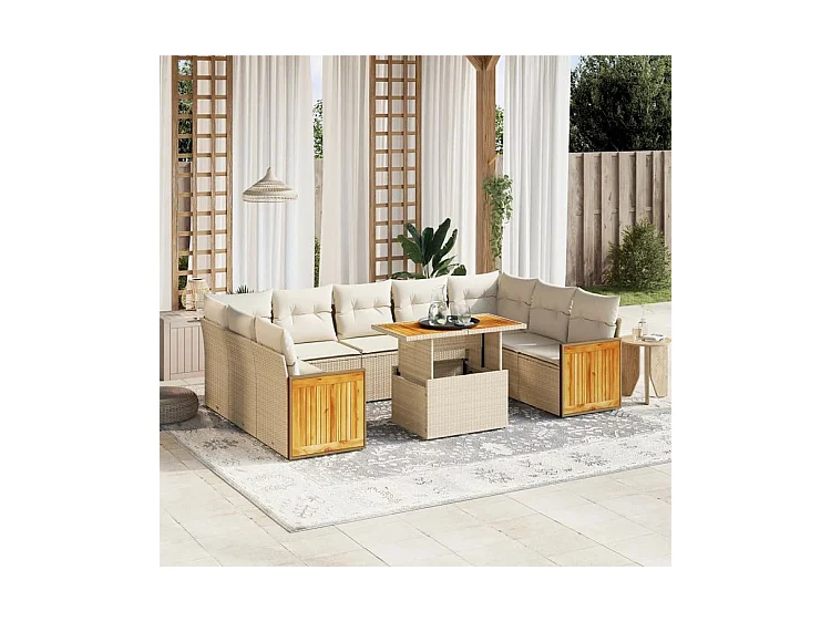 Salon de jardin avec coussins 10 pcs beige résine tressée