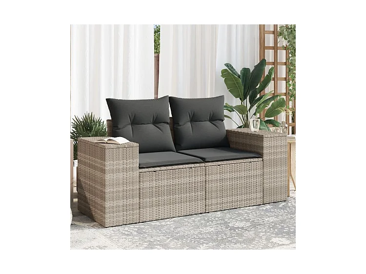 Canapé de jardin 2 places et coussins gris clair résine tressée