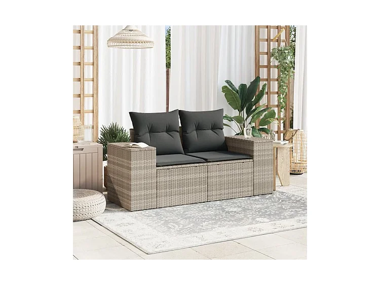 Canapé de jardin 2 places et coussins gris clair résine tressée