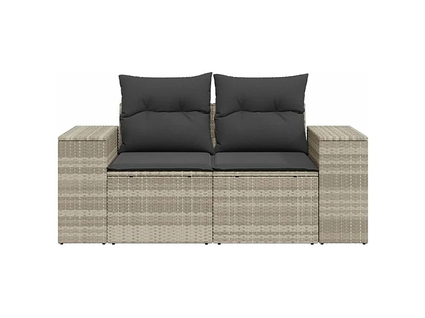 Canapé de jardin 2 places et coussins gris clair résine tressée