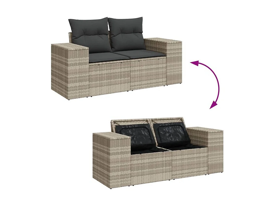 Canapé de jardin 2 places et coussins gris clair résine tressée