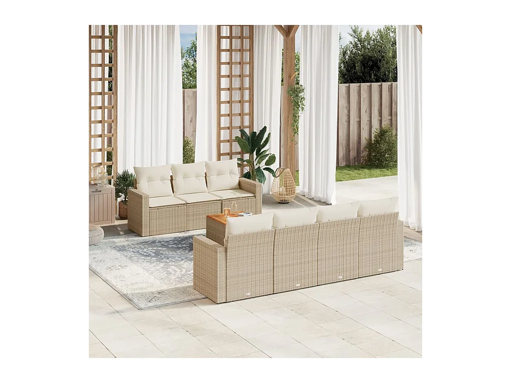 Salon de jardin avec coussins 8 pcs beige résine tressée