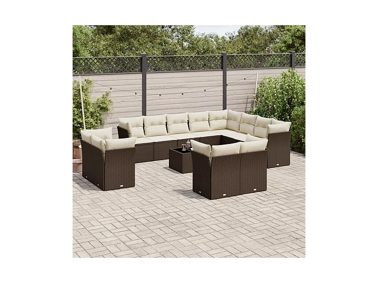 Salon de jardin avec coussins 13 pcs marron résine tressée