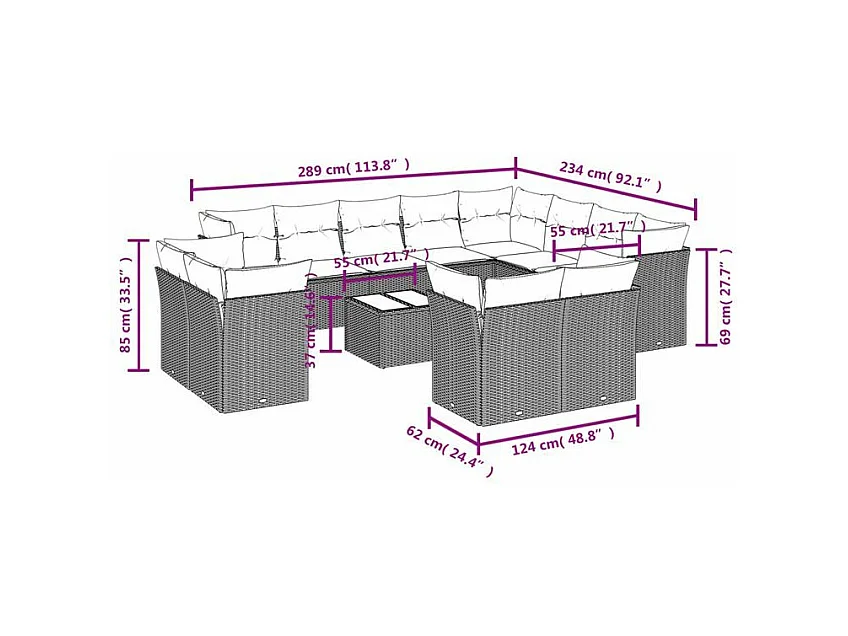 Salon de jardin avec coussins 13 pcs marron résine tressée