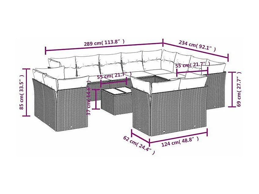 Salon de jardin avec coussins 13 pcs marron résine tressée