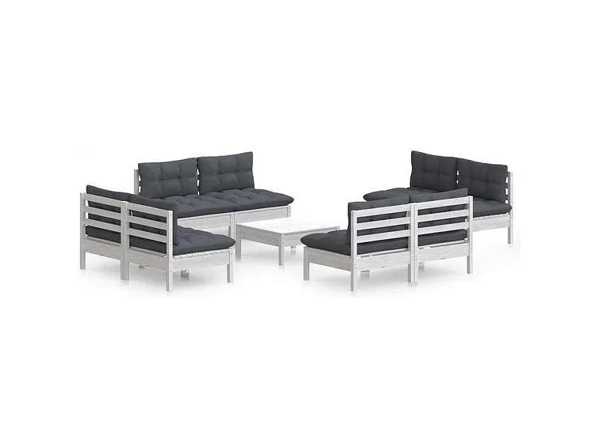 Salon de jardin 9 pcs avec coussins anthracite bois de pin