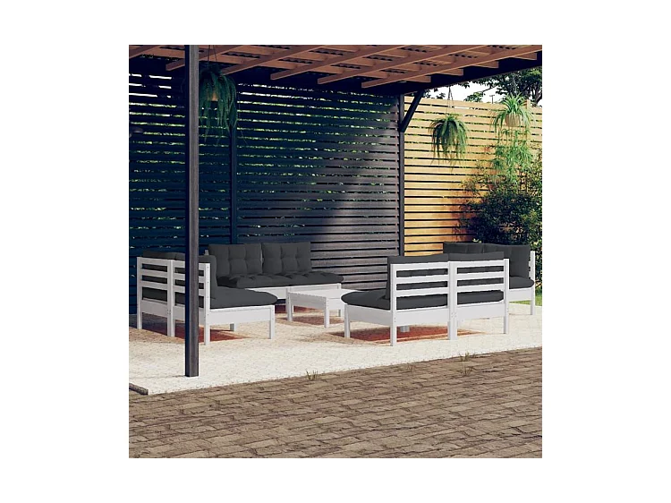 Salon de jardin 9 pcs avec coussins anthracite bois de pin